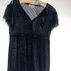 Free People Black Flower Lace T-Shirt with Buttons